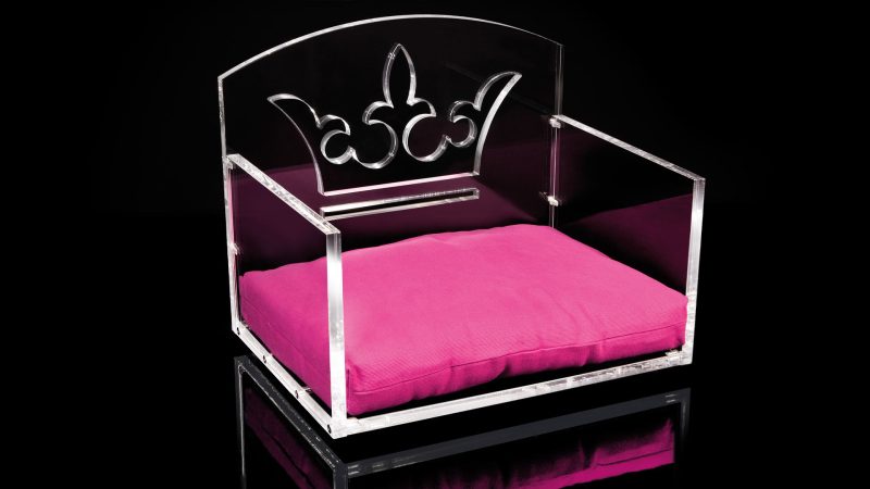 Cuccia design DoggyLy in plexiglas e cuscino fuxia.