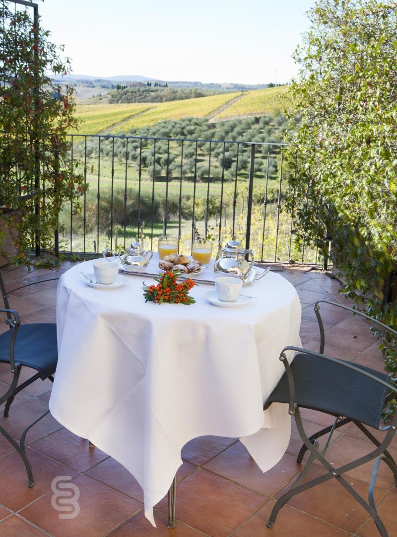 Particolare tavolo in terrazza con vista Villa Curina.