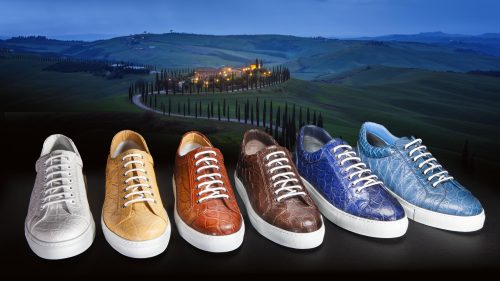 6 Scarpe in pelle rettile Zanco, sullo sfondo panorama toscano.